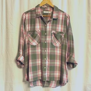Pink and Green Plaid Roll-tab Button Down Shirt - L
